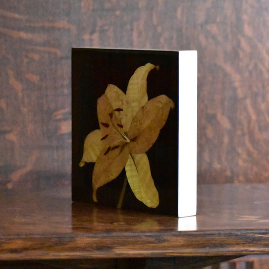 木象嵌パネル「百合」天然木を使って描いていますので光を受けて美しく輝きます。
The marquetry panel "Lily" is created using natural wood, which shines beautifully when it catches the light.